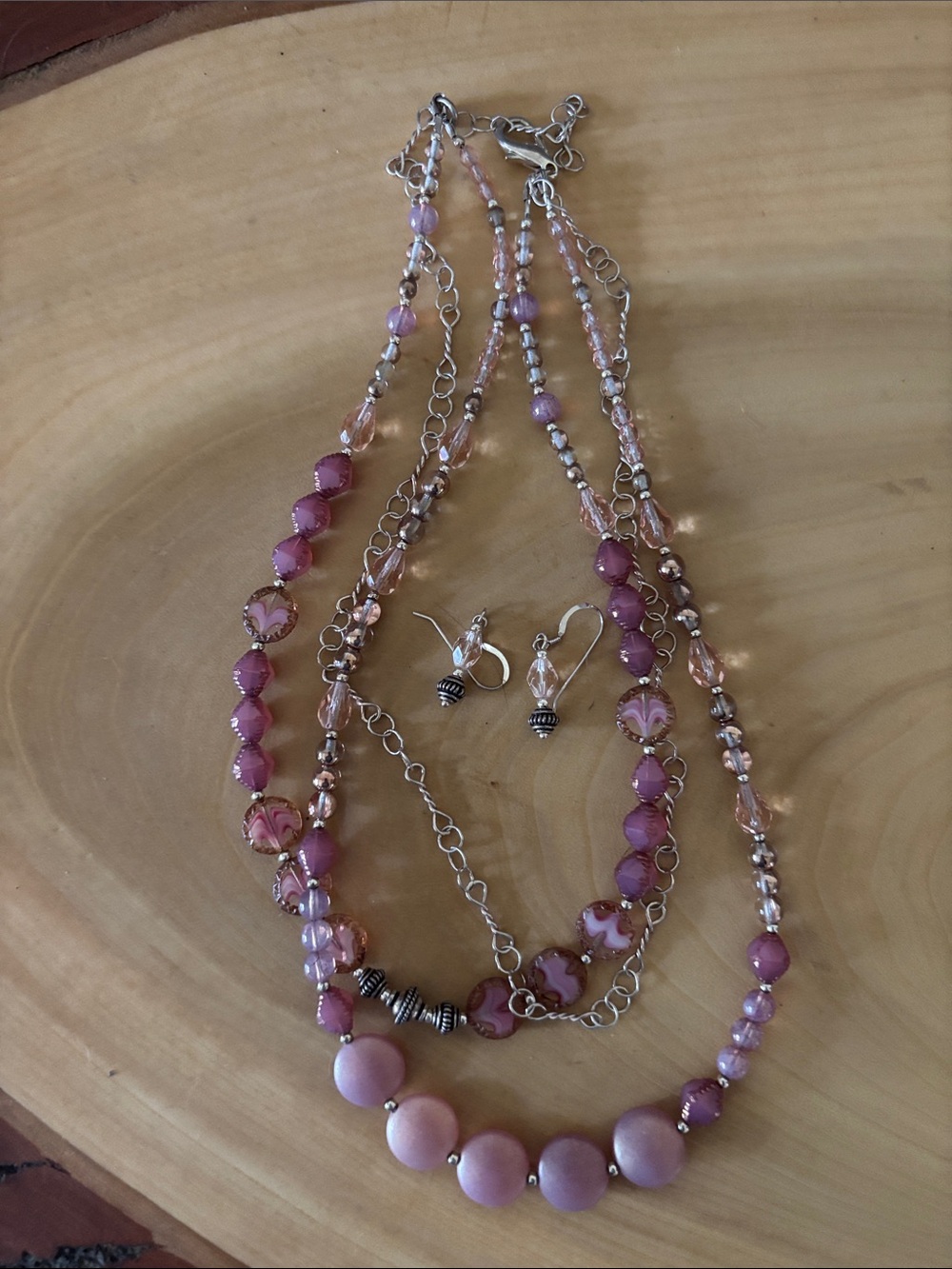 Pink Beaded Layered Necklace and Earring Set